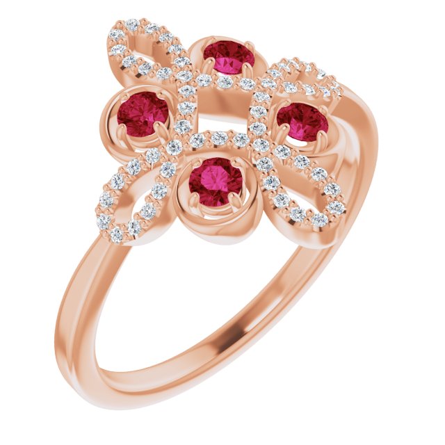 14K Rose Natural Ruby & 1/8 CTW Natural Diamond Semi-Set Clover Ring
